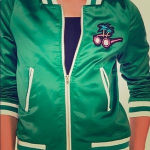 Love and Harmony Green satin varsity bomber jacket